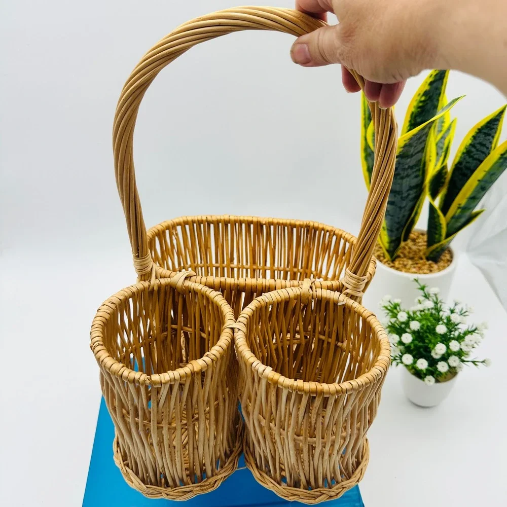 Vintage Wicker Woven Picnic Wine Bottle Basket with Handle Natural Farmhouse